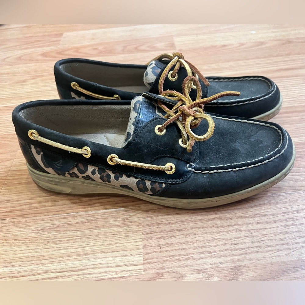 COPY - Sperry Black and Leopard Boat Shoes Size 9